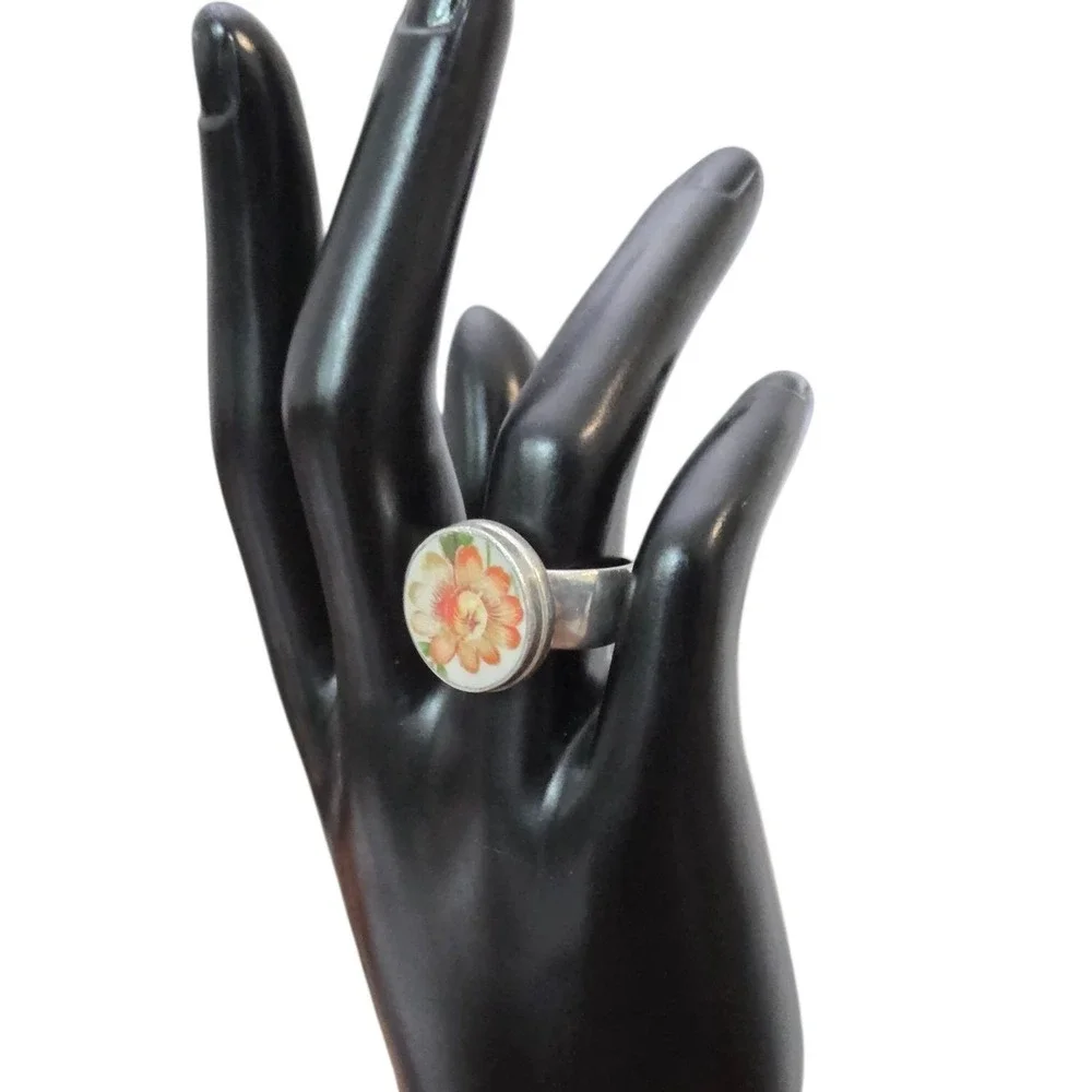 Women's Size 7 Baroque Handpainted Ceramic Flower Sterling 925 Vintage Wide Ring